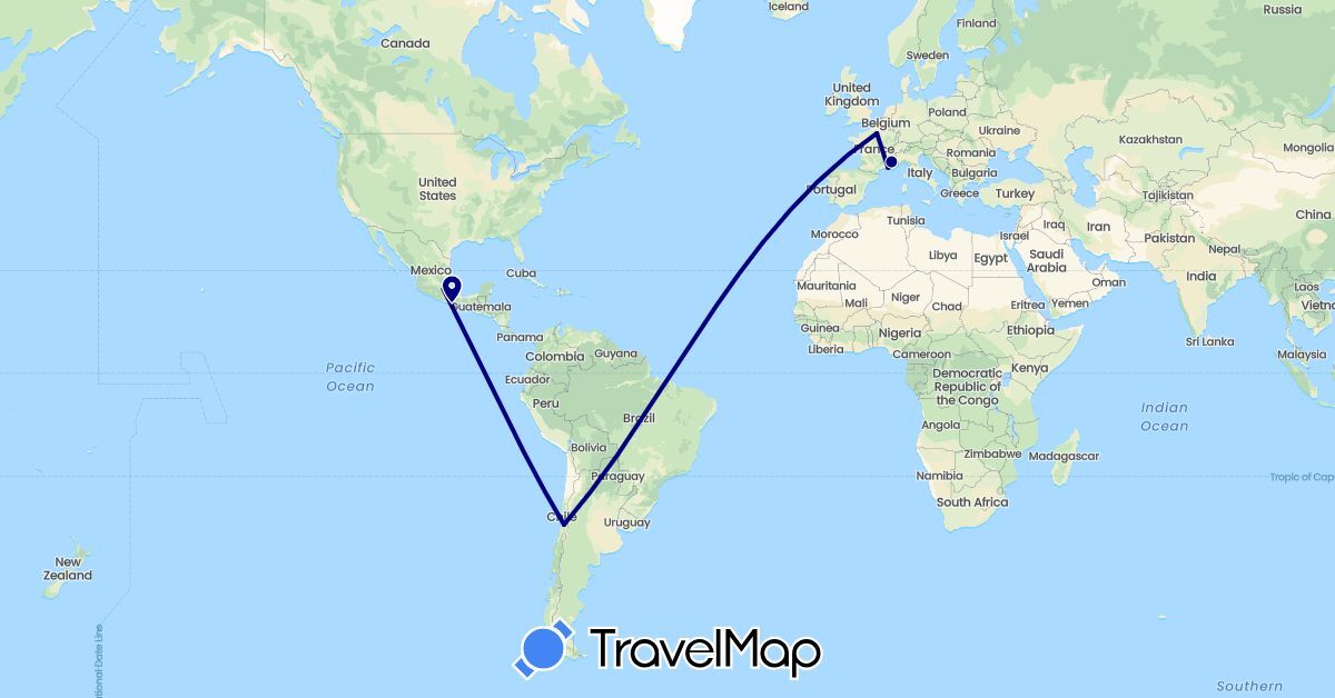 TravelMap itinerary: driving in Chile, France, Mexico (Europe, North America, South America)